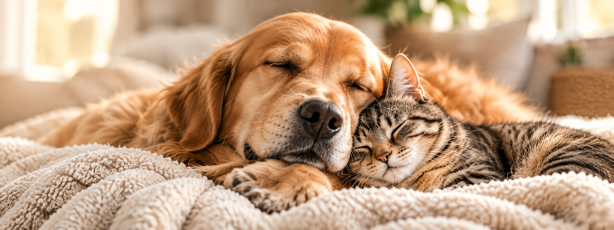A golden retriever and a tabby cat sleeping close together on a soft blanket